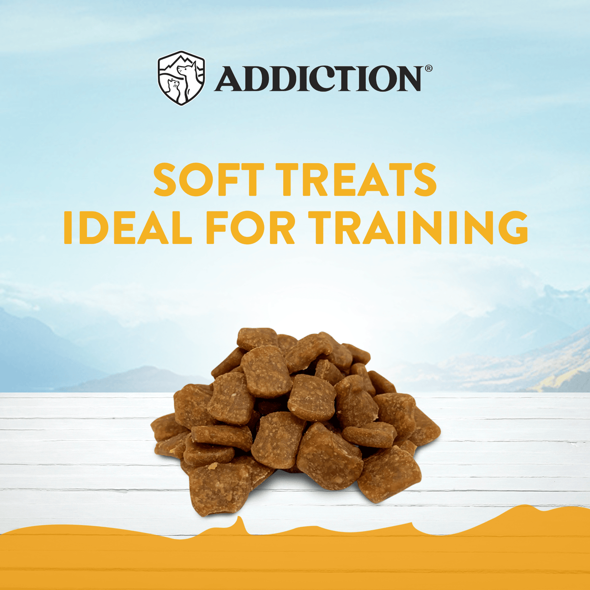 Soft, moist Addiction Chicken Meaty Bites sized for training and everyday rewards