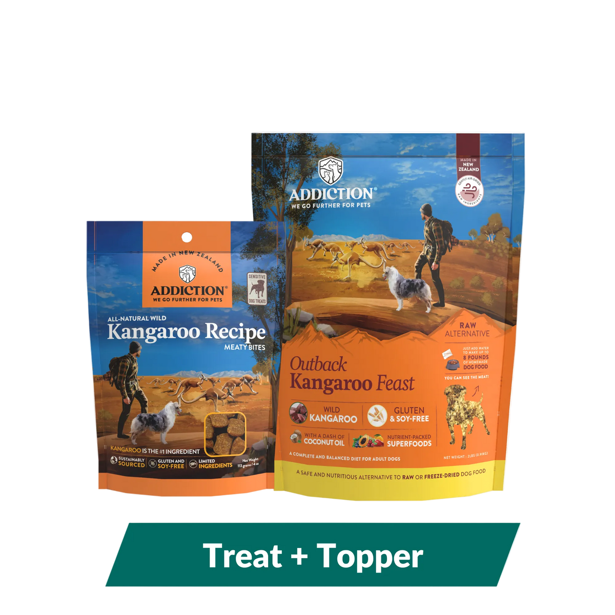 Addiction Kangaroo Duo: Outback Kangaroo Feast air-dried dog food, 2 lb, plus a bag of Kangaroo Meaty Bites