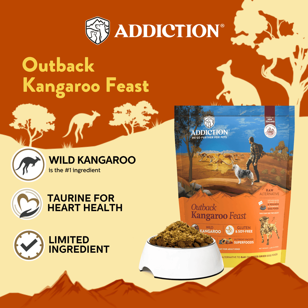 Addiction kangaroo air-dried dog food and treats duo, made in New Zealand with Australian kangaroo