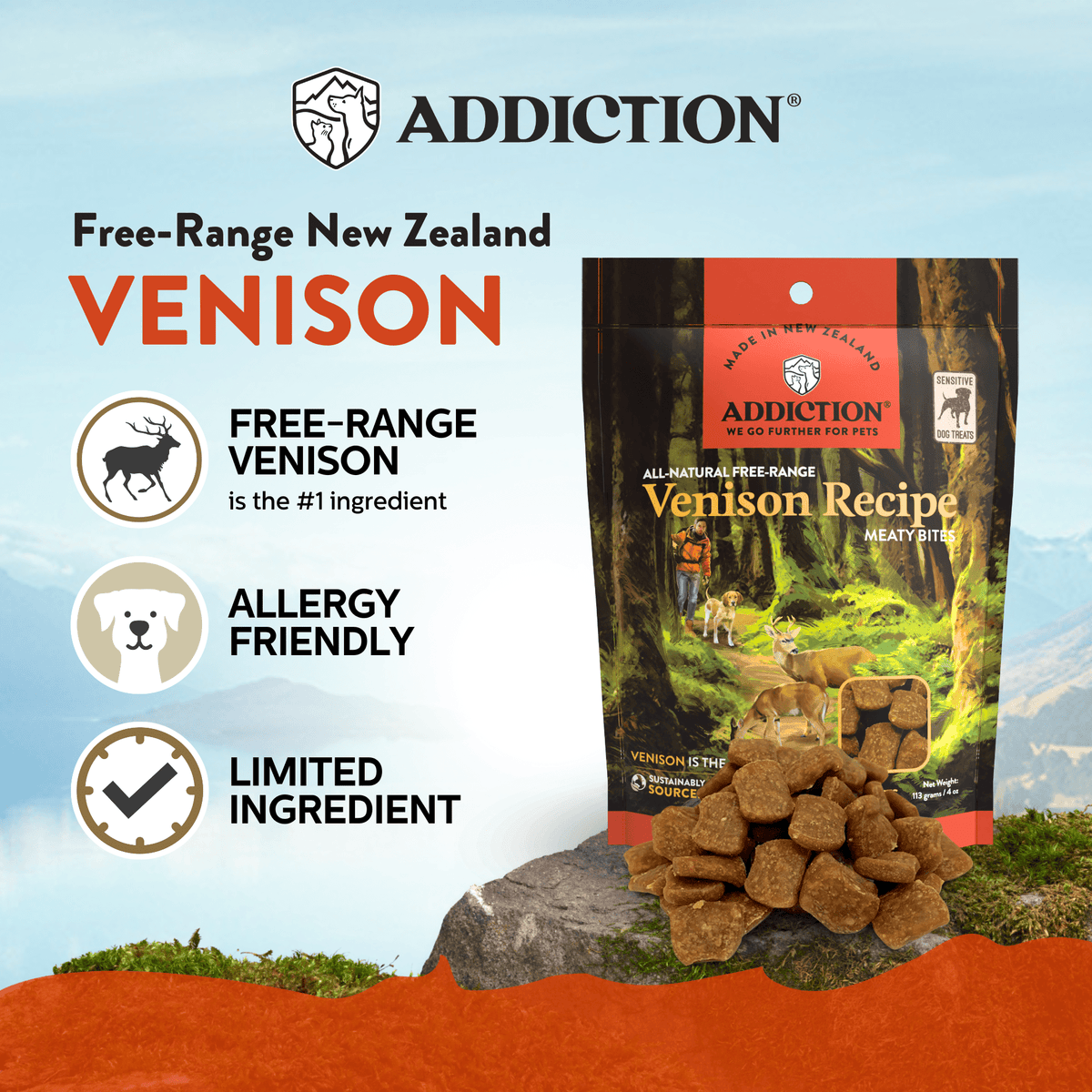 Addiction Meaty Bites grain-free soft treats; this listing is the venison recipe in 4 oz bags