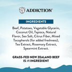 Addiction Meaty Bites treat line made in New Zealand; this pack holds the beef flavor