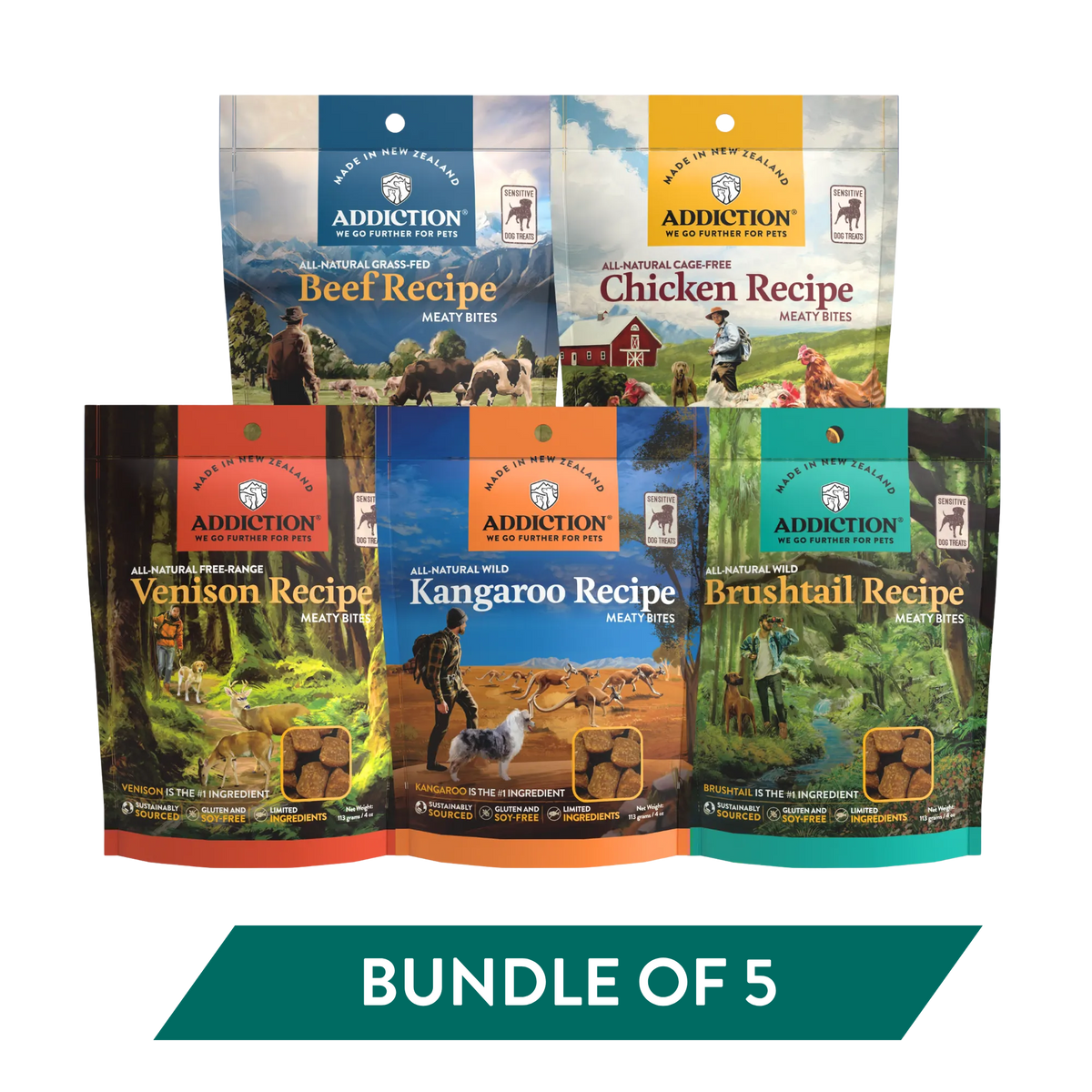Addiction Meaty Bites Variety Pack, Bundle of 5: one 4 oz bag each of chicken, beef, venison, kangaroo and brushtail
