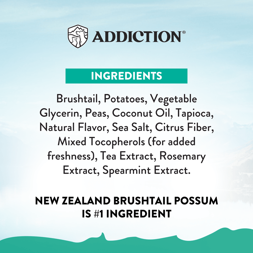 Addiction Meaty Bites five-flavor pack with 288 to 304 kcal per 100 g, depending on the meat