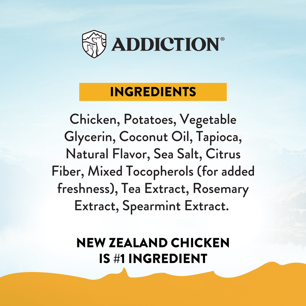 Addiction Meaty Bites soft dog treats, made in New Zealand, in a five-flavor variety pack