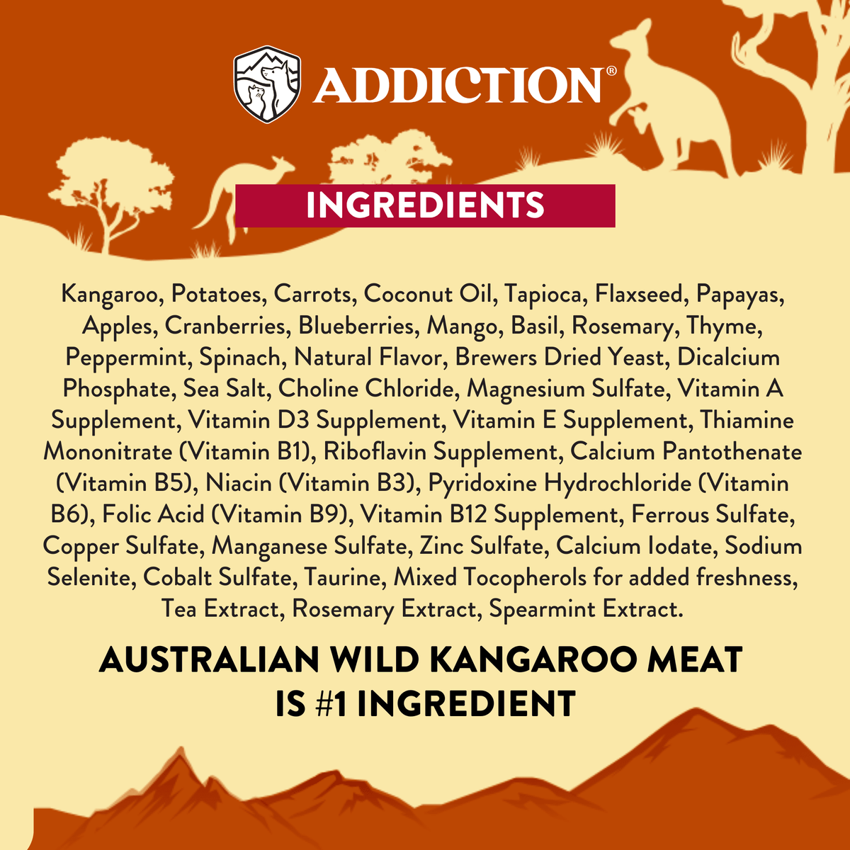Addiction Outback Kangaroo Feast duo, an air-dried meal served dry or mixed 1:1 with warm water