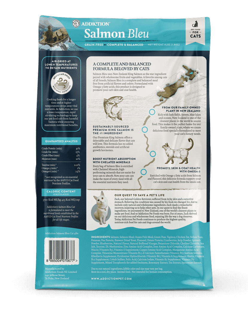 Addiction Salmon Bleu fish-first dry cat food with chicken fat as its only poultry ingredient