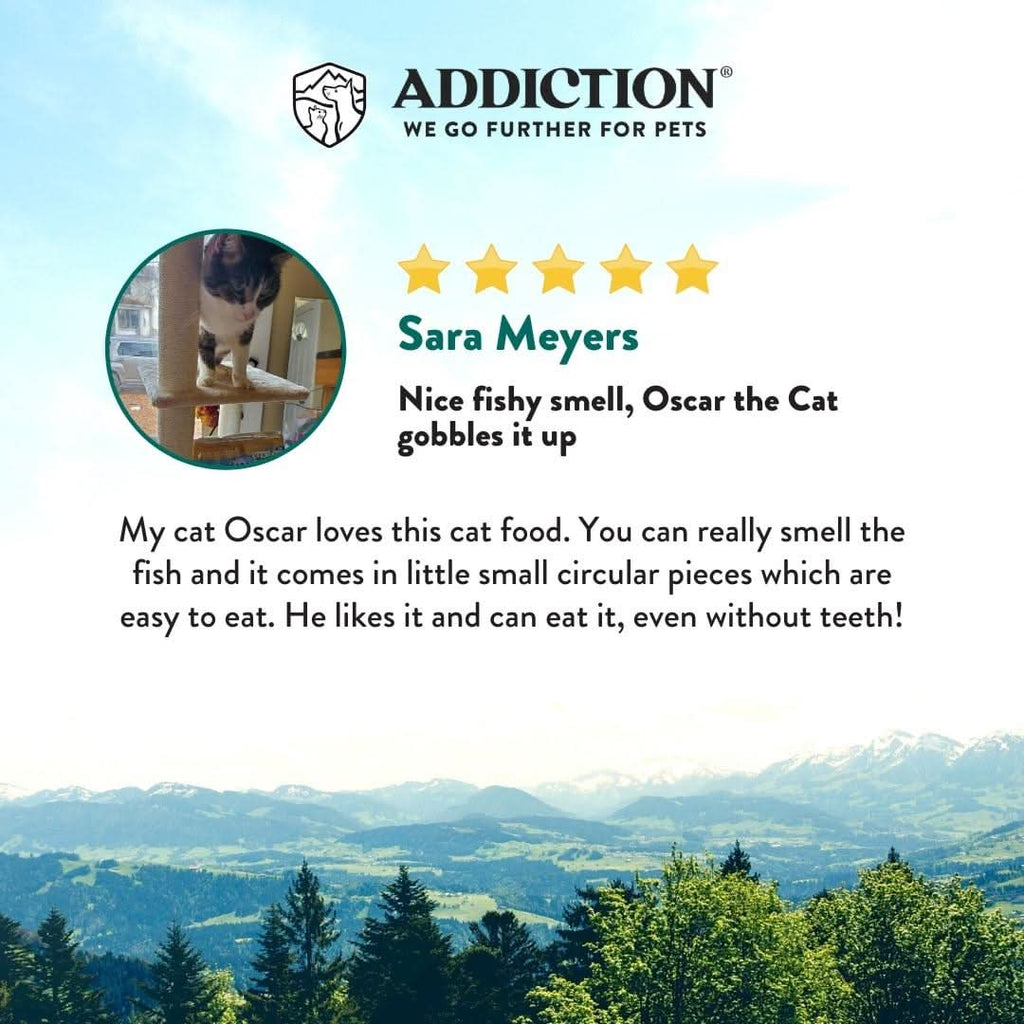 Addiction Salmon Bleu for cats, with salmon rated Best Choice by Seafood Watch, per Addiction