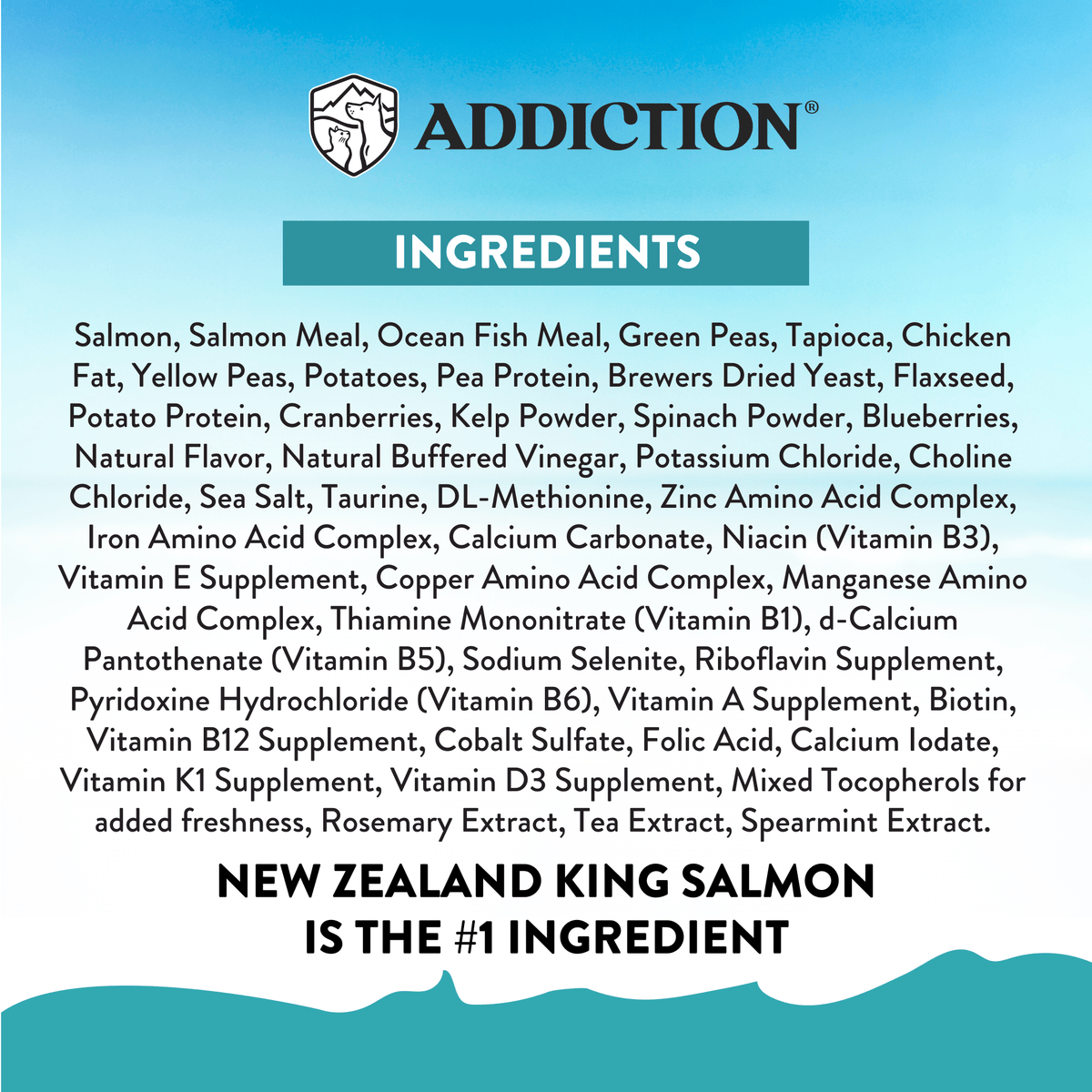 Addiction Salmon Bleu dry cat food samples with 30% minimum crude protein, 60 g per pack