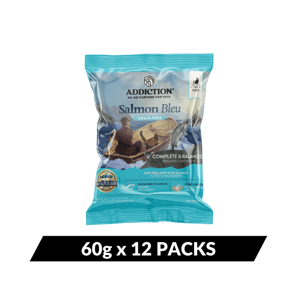 Addiction Salmon Bleu Trial Pack option: 12 packs of 60 g of grain-free dry cat food