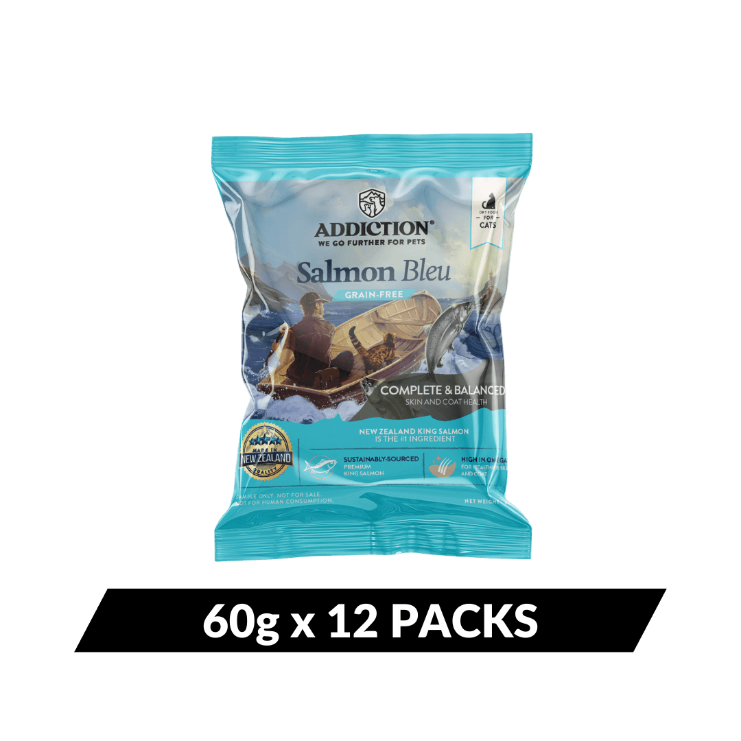 Addiction Salmon Bleu Trial Pack option: 12 packs of 60 g of grain-free dry cat food