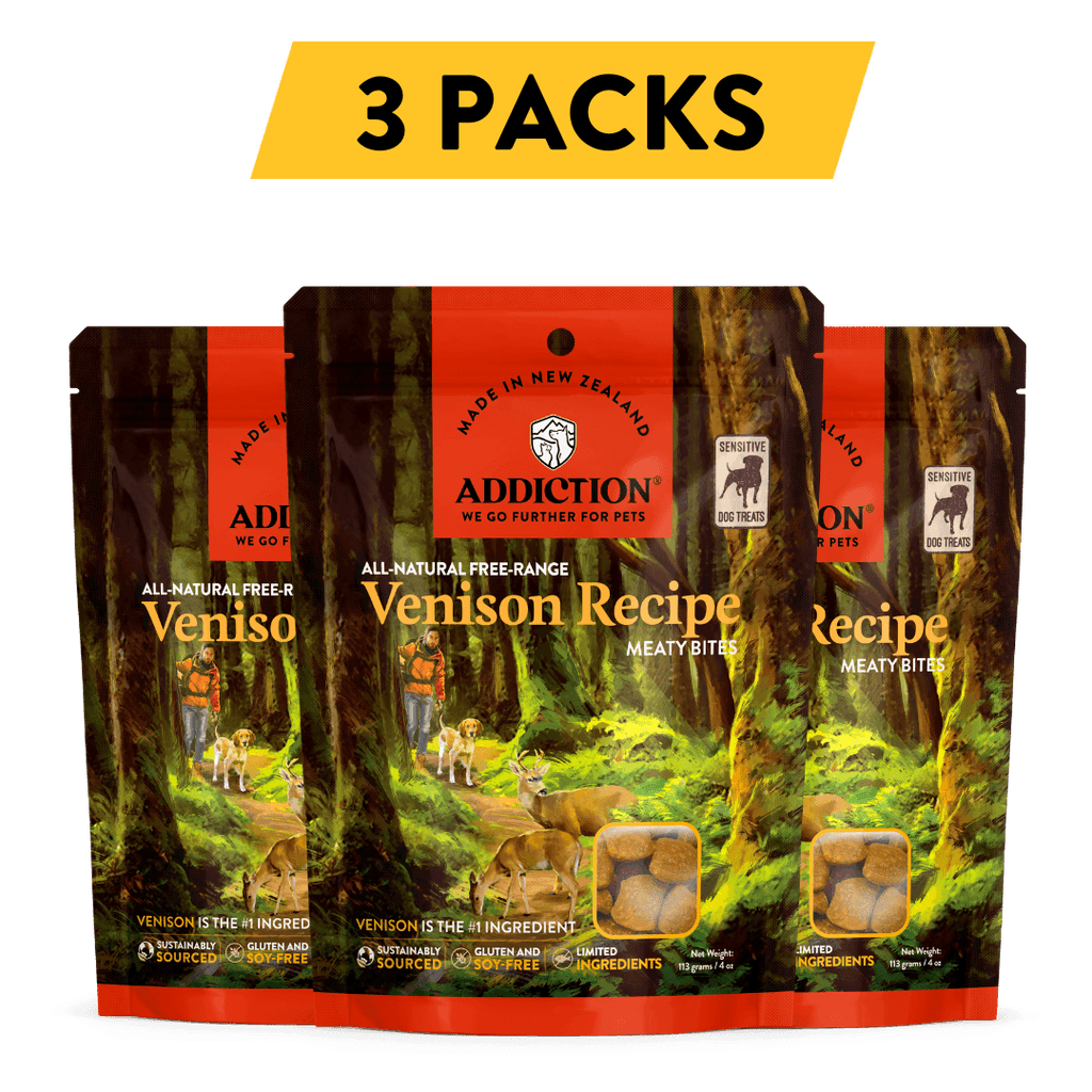 Addiction Venison Meaty Bites, pack of 3: three 4 oz bags of soft, grain-free venison treats