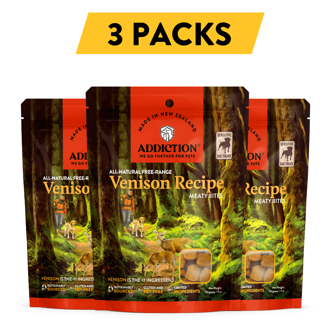 Addiction Venison Meaty Bites, pack of 3: three 4 oz bags of soft, grain-free venison treats