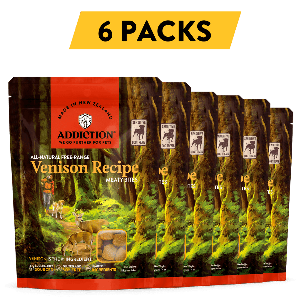 Addiction Venison Meaty Bites, pack of 6: six 4 oz bags of soft venison treats for training