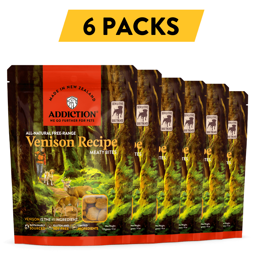 Addiction Venison Meaty Bites, pack of 6: six 4 oz bags of soft venison treats for training