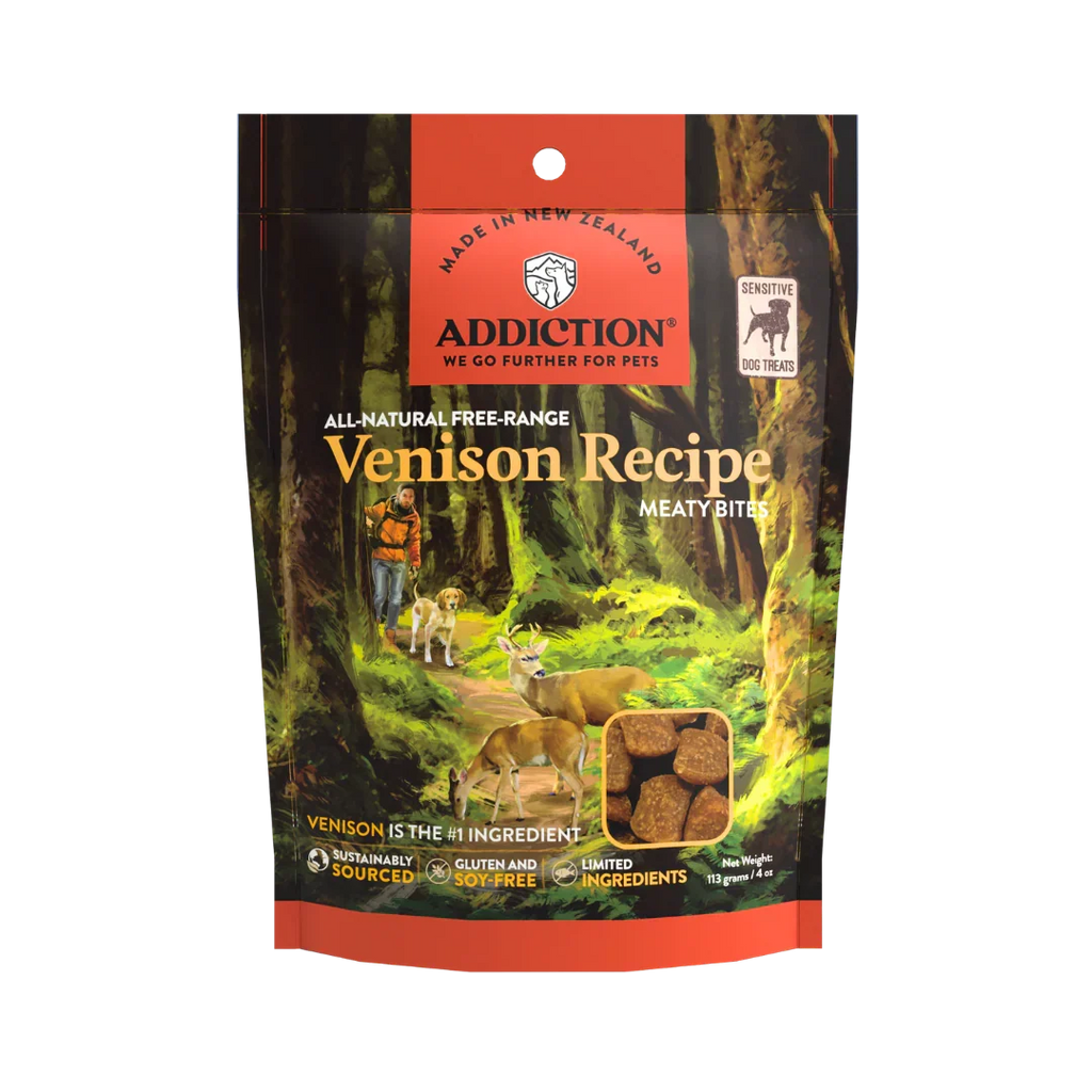Addiction Venison Meaty Bites soft dog treats, pack of 1: a 4 oz bag with free-range venison first