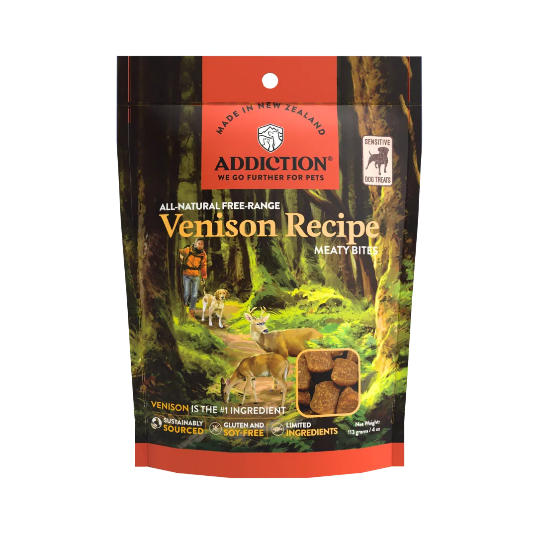 Addiction Venison Meaty Bites soft dog treats, pack of 1: a 4 oz bag with free-range venison first