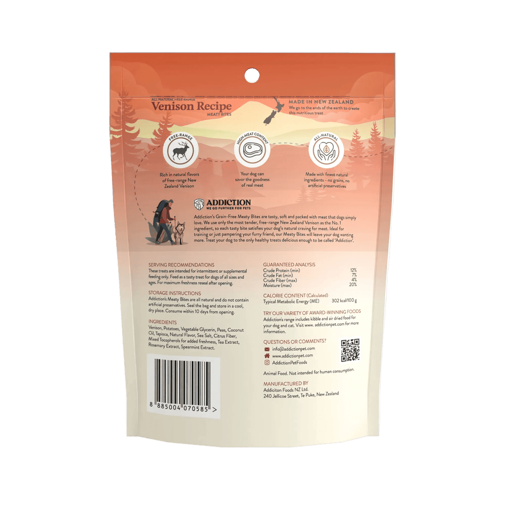 Addiction Venison Meaty Bites soft treats, gentle enough for senior dogs to chew