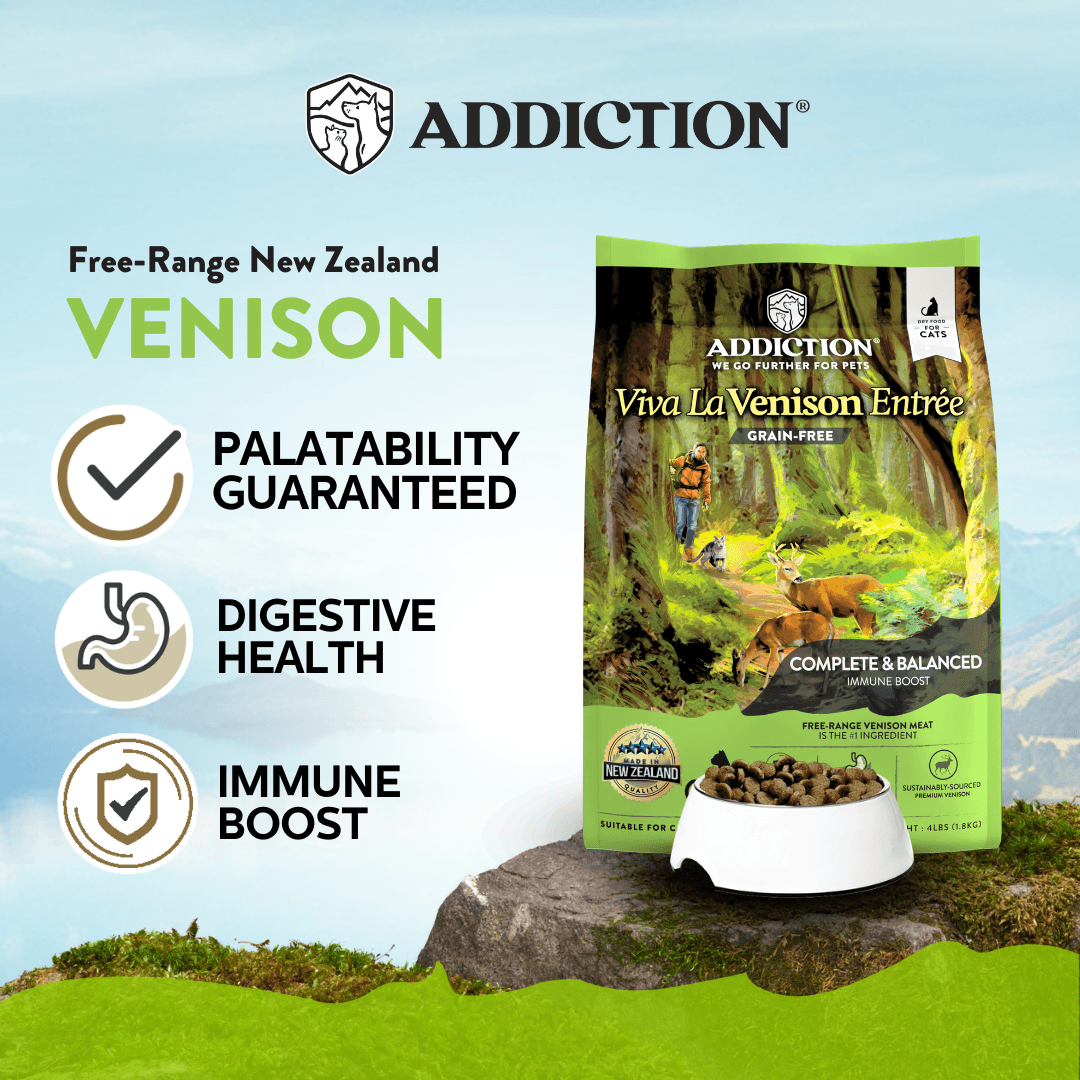 Addiction Viva La Venison dry cat food for every life stage, from kittens to senior cats