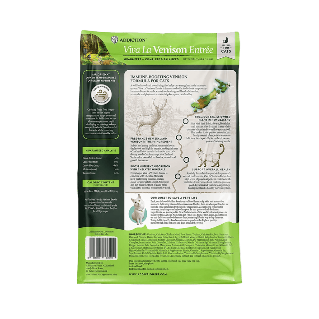 Addiction Viva La Venison cat kibble, about 43 to 72 g a day for a 5 to 10 lb cat