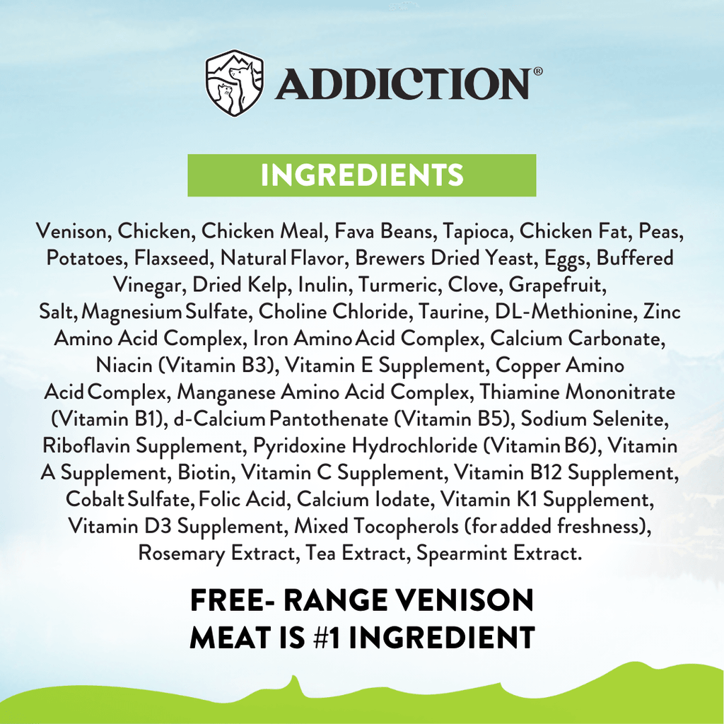 Addiction Viva La Venison, a dry cat food made with free-range deer raised in New Zealand