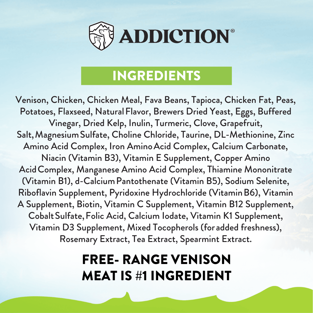 Addiction Viva La Venison, a dry cat food made with free-range deer raised in New Zealand