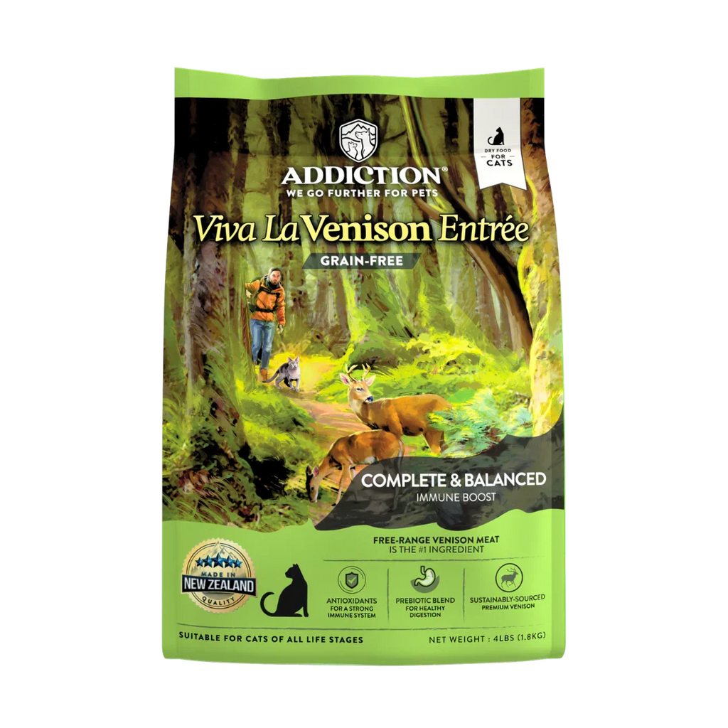 Addiction Viva La Venison grain-free dry cat food, 4 lb bag with free-range New Zealand venison first