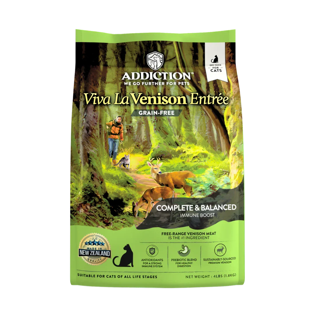 Addiction Viva La Venison grain-free dry cat food, 4 lb bag with free-range New Zealand venison first