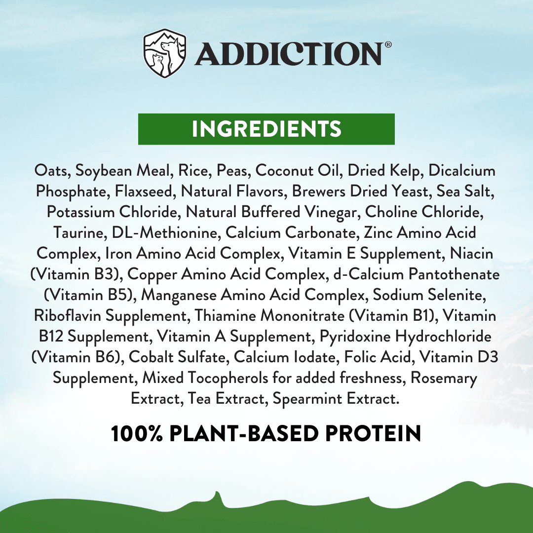 Addiction Zen Vegetarian kibble with 22% minimum crude protein and 363 kcal per cup