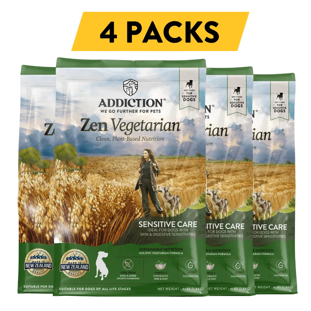 Four-pack of Addiction Zen Vegetarian dry dog food: 4 x 4 lb bags, 16 lb in total