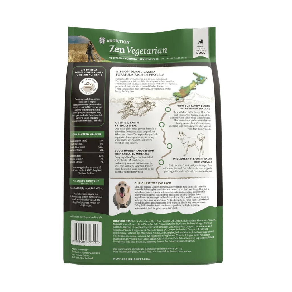 Addiction Zen Vegetarian dog food with chelated minerals and dietary fiber in a plant-based recipe