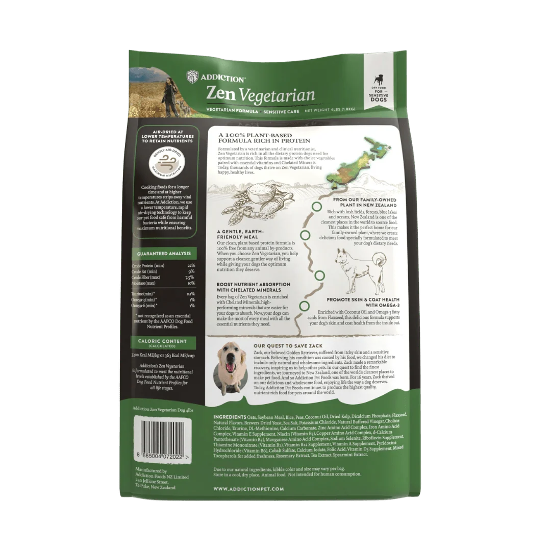 Addiction Zen Vegetarian dog food with chelated minerals and dietary fiber in a plant-based recipe