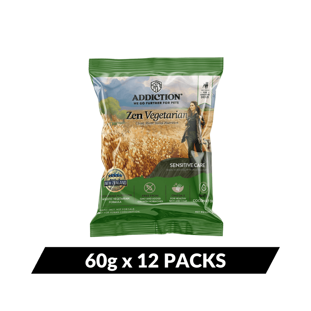 Addiction Zen Vegetarian trial pack option with 12 sample packs of 60 g each