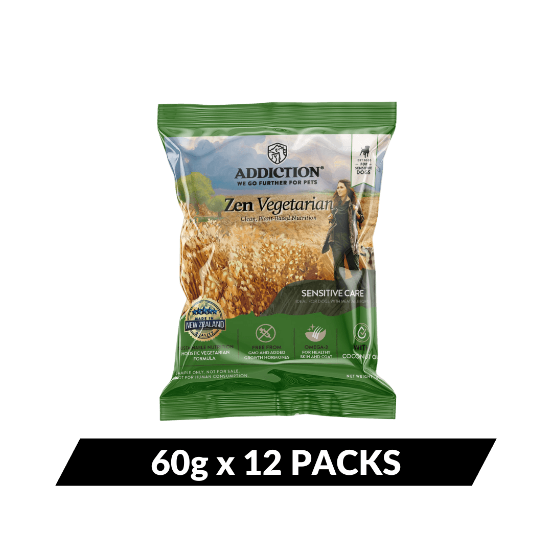 Addiction Zen Vegetarian trial pack option with 12 sample packs of 60 g each