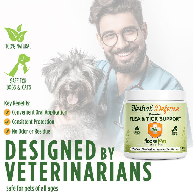 Adore Pet Herbal Defense supplement powder, dosed by pet weight from 1/4 to 2 teaspoons