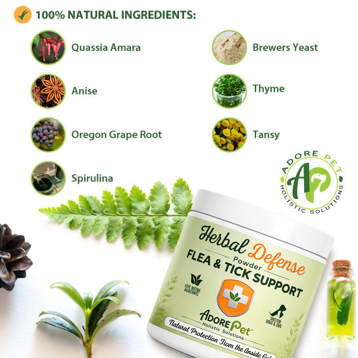 Adore Pet Herbal Defense Powder with spirulina, brewers yeast and tansy, made in the USA