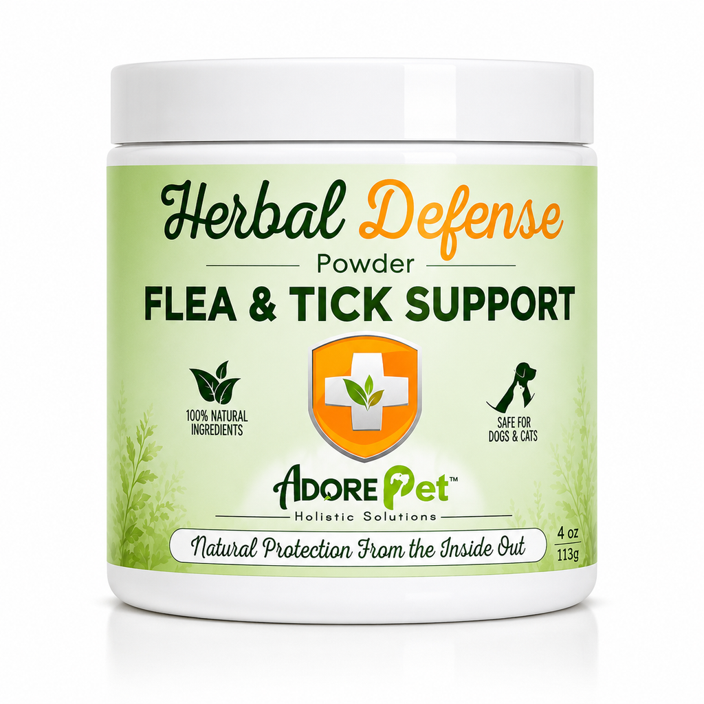 Adore Pet Herbal Defense Powder, a 4 oz jar of herbal supplement powder for dogs and cats