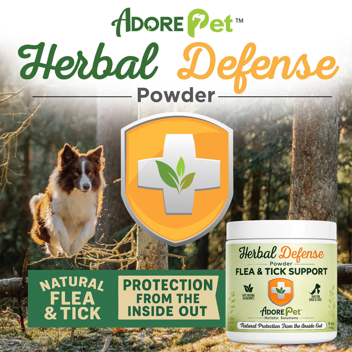 Adore Pet Herbal Defense herbal powder for dogs and cats, mixed into wet food or a treat