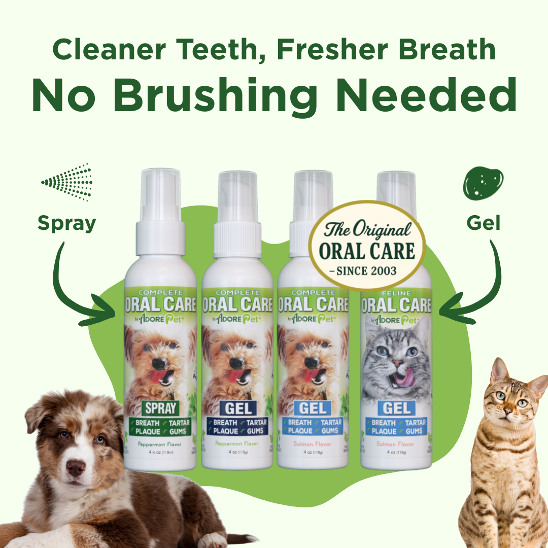 Adore Pet Oral Care Spray for dogs, a 4 fl oz peppermint dental spray with no brushing needed