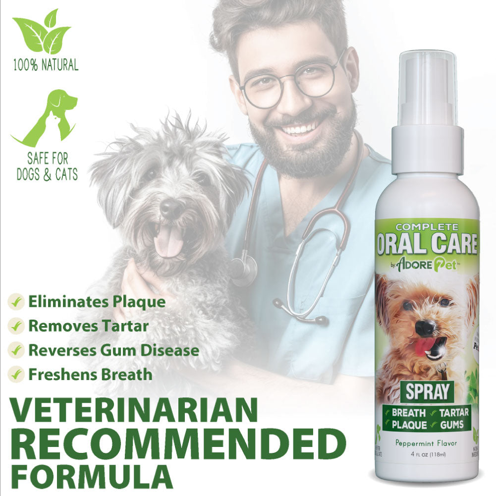 Adore Pet peppermint dental spray for dogs, used 2 to 3 times a week for upkeep