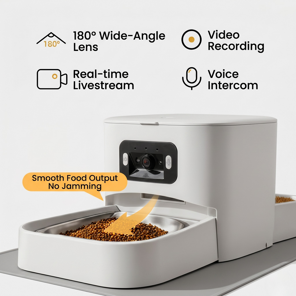 App-controlled automatic feeder that keeps pet meals on schedule while you are away