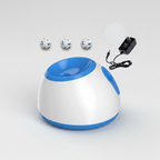 Blue automatic dog ball launcher with three distance settings and a US 110V adapter