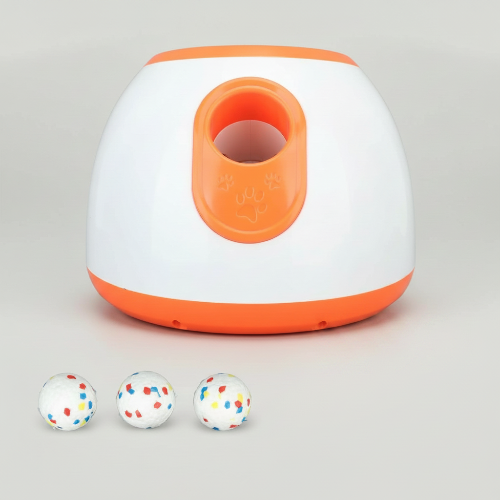Orange automatic dog ball launcher that throws about 3, 6 or 9 meters