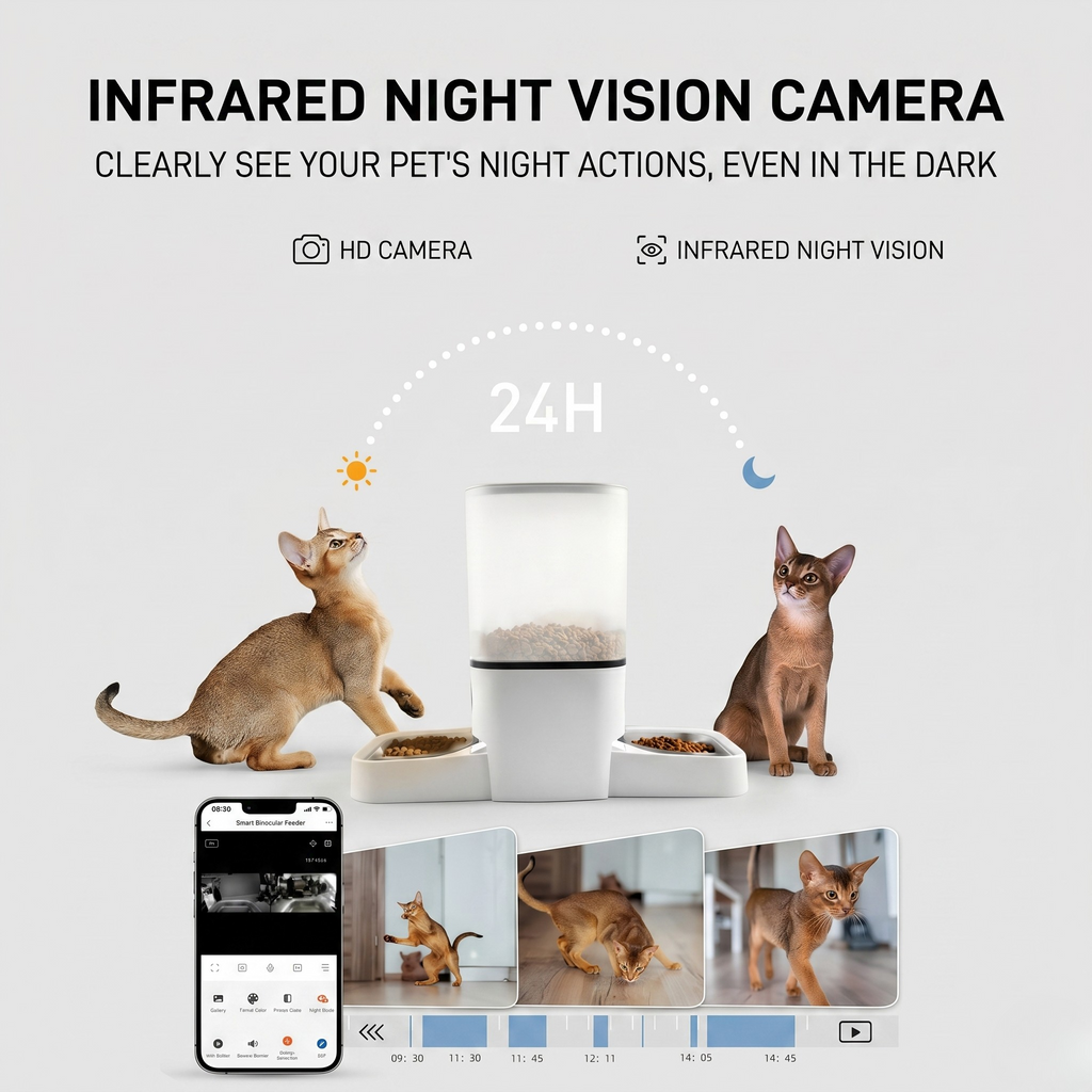 Automatic pet feeder with dual diagonal outlets that spread kibble evenly in the bowl