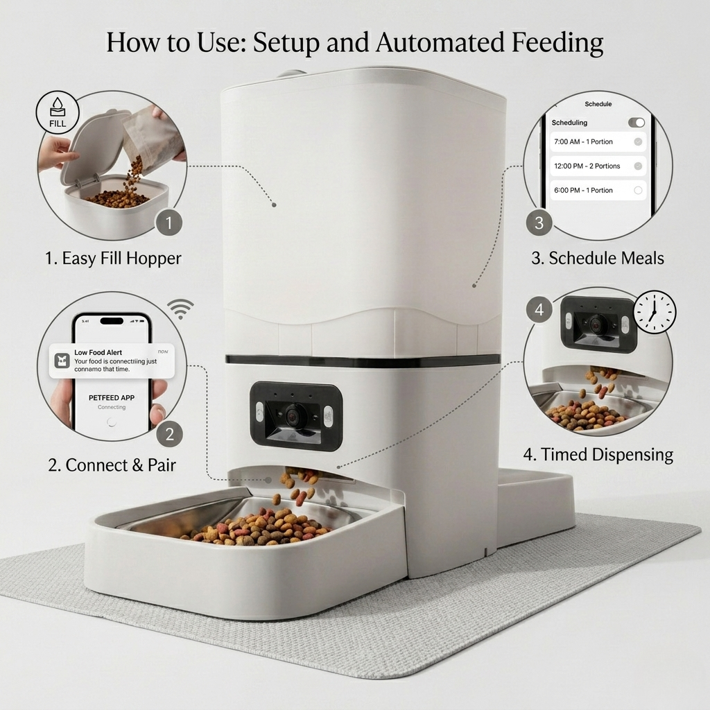 Automatic kibble dispenser for cats and small to medium dogs on a 2.4 GHz network