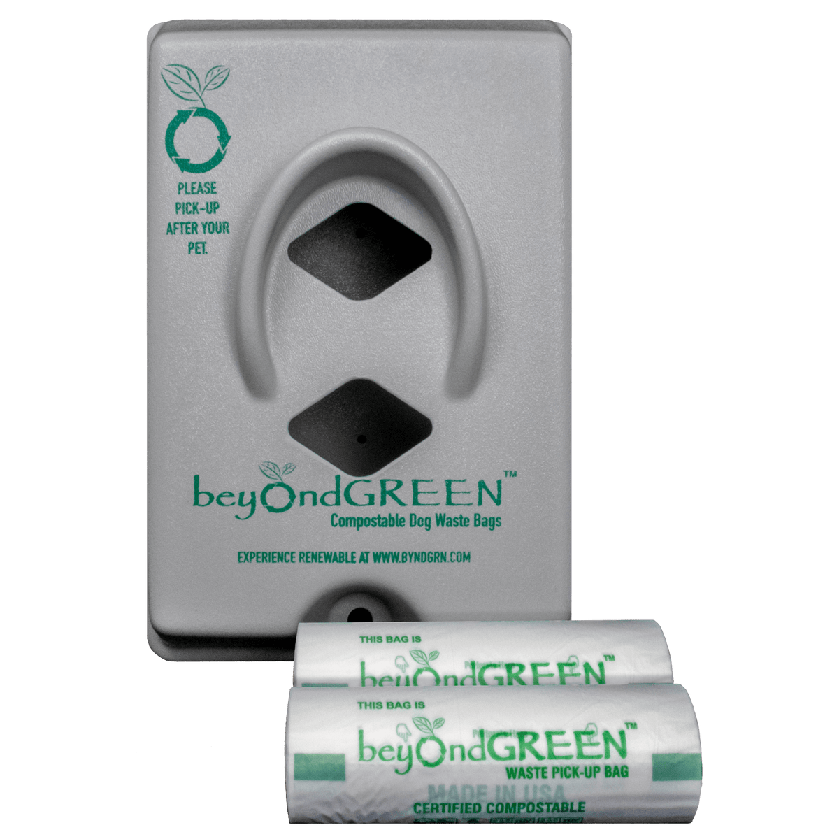 beyondGREEN gray poop bag dispenser that holds a standard core roll of dog waste bags