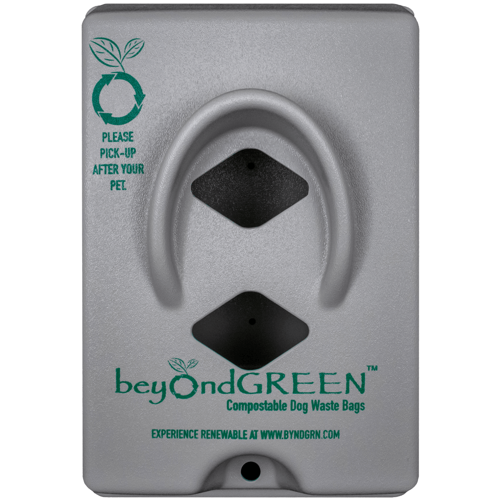 Gray beyondGREEN dog waste bag station, made in the USA for outdoor, high-traffic use