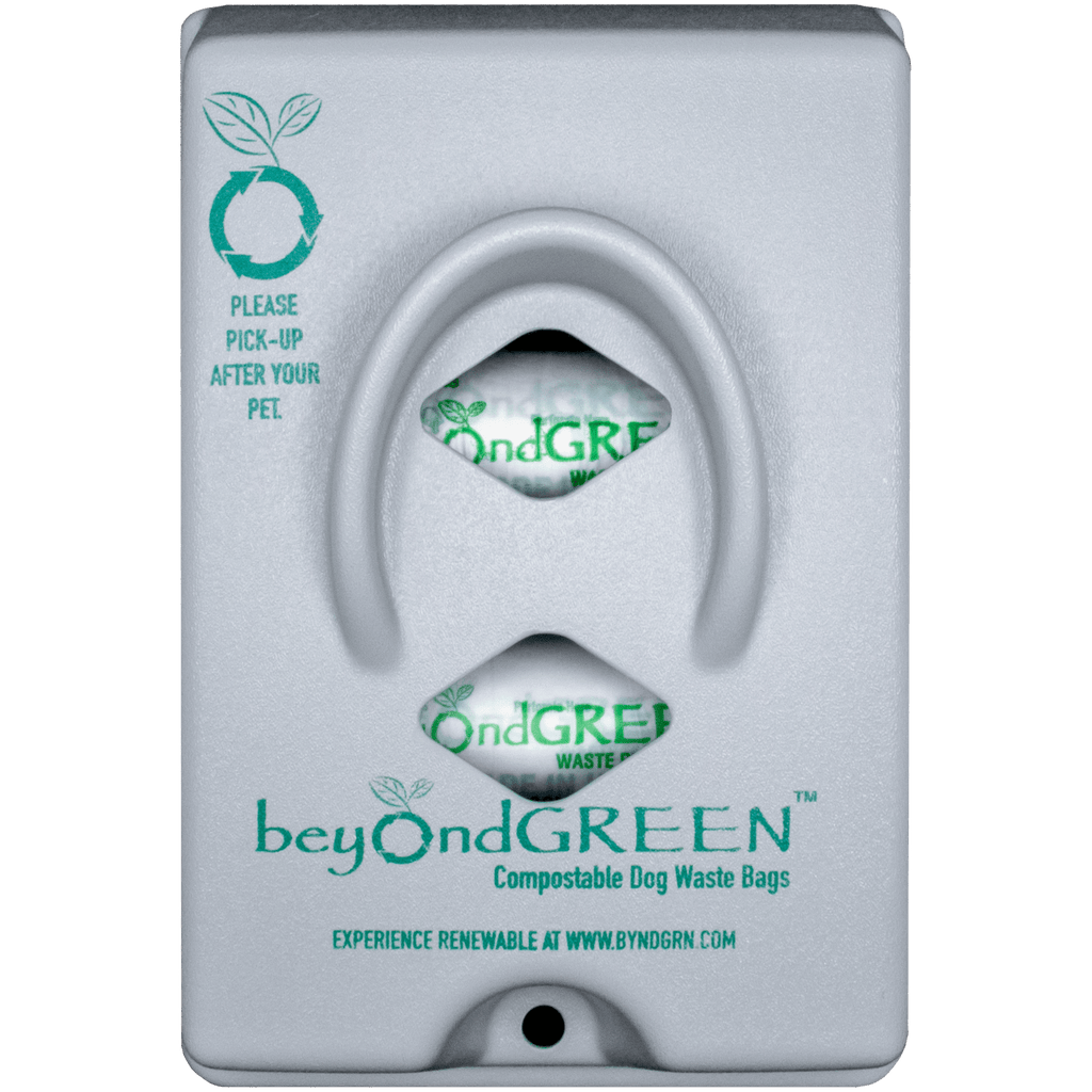 beyondGREEN wall and pole mount dog poop bag dispenser in gray with a front-load design