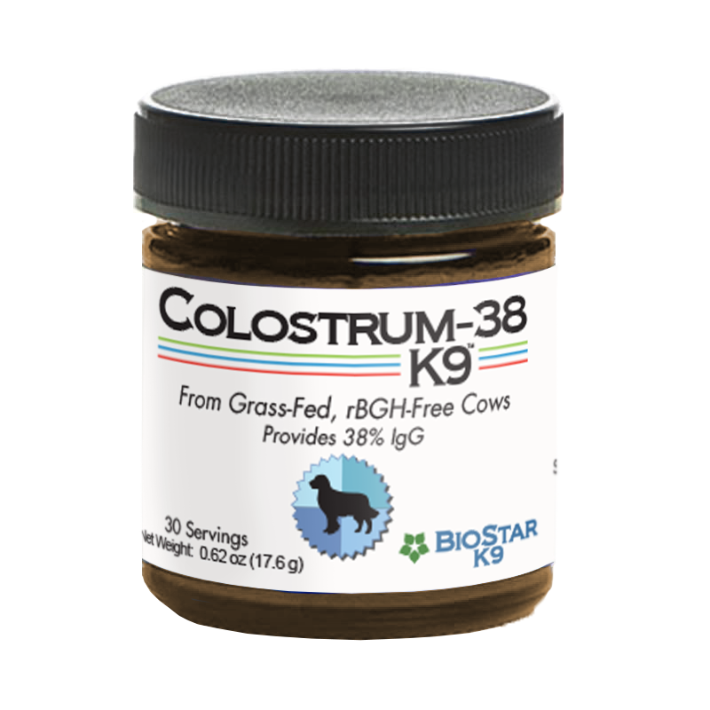 BioStar Colostrum-38 K9 small jar with 30 scoops of 38% IgG bovine colostrum
