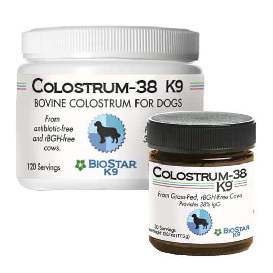 BioStar Colostrum-38 K9 in both sizes, the 30-scoop and 120-scoop containers