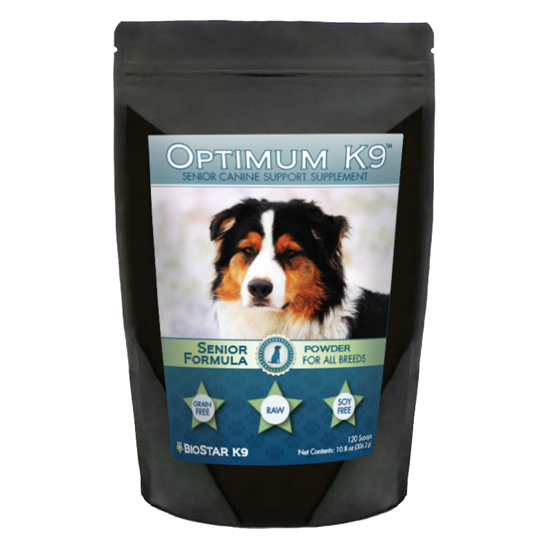 Bag of BioStar Optimum K9 Senior whole-food powder for older dogs, with colostrum and probiotics